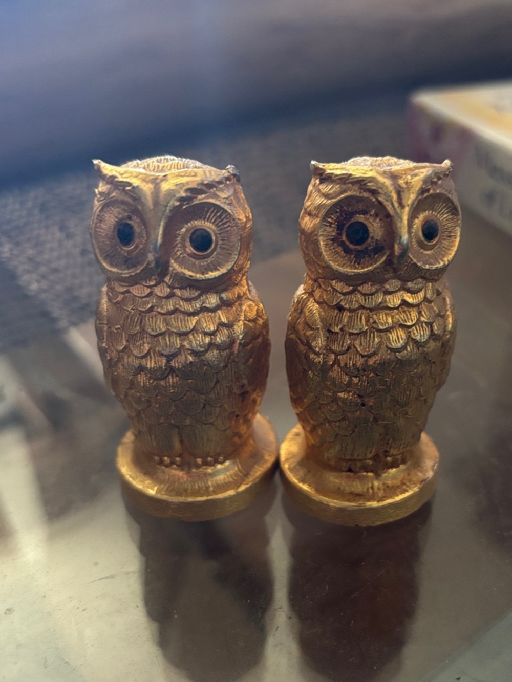 vintage gold-tone metal owl salt and pepper shakers